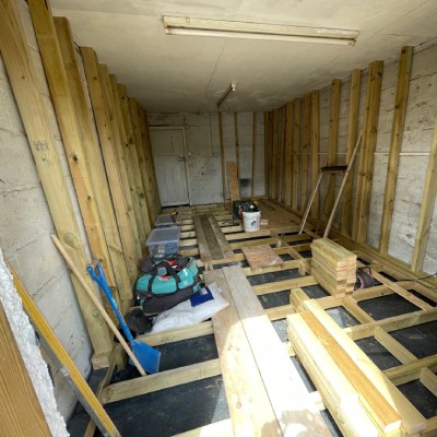 photo nine of construction begins inside the garage of Beat To Keep Record Shop Mortehoe, Woolacombe, Devon opening summer 2025. Selling new and second hand vinyl and music plus barista coffee and local baked goods, bread, sour dough, buns, sweet treats from Crocodile Bakery