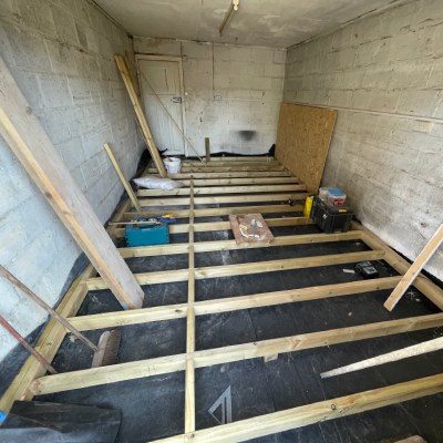 photo eight of construction begins inside the garage of Beat To Keep Record Shop Mortehoe, Woolacombe, Devon opening summer 2025. Selling new and second hand vinyl and music plus barista coffee and local baked goods, bread, sour dough, buns, sweet treats from Crocodile Bakery
